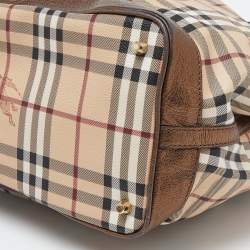 Pre Owned Burberry Beige/Metallic Haymarket Check Canvas and Leather Medium Golderton Tote