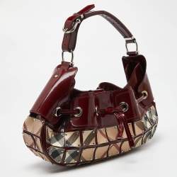 Pre Owned Burberry Red/Beige Super Nova Check Mini Warrior Studded Hobo