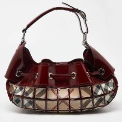 Pre Owned Burberry Red/Beige Super Nova Check Mini Warrior Studded Hobo