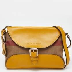 Pre Owned Burberry Beige/Yellow House Check Canvas and Leather Shoulder Bag