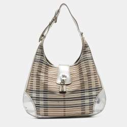 Burberry Silver/Beige House Check Coated Canvas and Patent Leather Brooke Hobo
