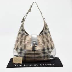 Burberry Silver/Beige House Check Coated Canvas and Patent Leather Brooke Hobo