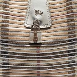 Burberry Silver/Beige House Check Coated Canvas and Patent Leather Brooke Hobo