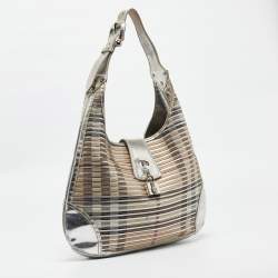 Burberry Silver/Beige House Check Coated Canvas and Patent Leather Brooke Hobo