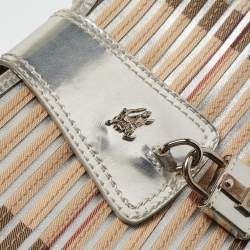 Burberry Silver/Beige House Check Coated Canvas and Patent Leather Brooke Hobo