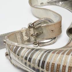 Burberry Silver/Beige House Check Coated Canvas and Patent Leather Brooke Hobo