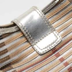 Burberry Silver/Beige House Check Coated Canvas and Patent Leather Brooke Hobo