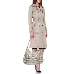 Burberry Silver/Beige House Check Coated Canvas and Patent Leather Brooke Hobo