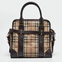 Pre Owned Burberry Choco Brown/Beige Haymarket Check Coated Canvas and Leather Minford Satchel