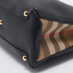 Pre Owned Burberry Black/Beige Leather and House Check Fabric Medium Banner Tote
