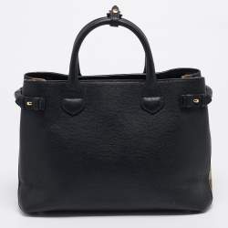 Pre Owned Burberry Black/Beige Leather and House Check Fabric Medium Banner Tote