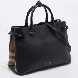 Pre Owned Burberry Black/Beige Leather and House Check Fabric Medium Banner Tote