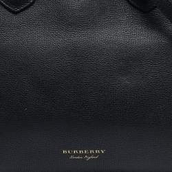 Pre Owned Burberry Black/Beige Leather and House Check Fabric Medium Banner Tote