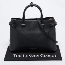 Pre Owned Burberry Black/Beige Leather and House Check Fabric Medium Banner Tote