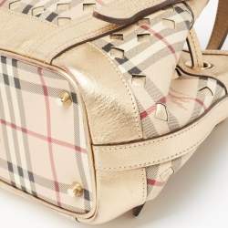 Pre Owned Burberry Gold/Beige Haymarket Check Laser Cut Coated Canvas and Leather Drawstring Tote