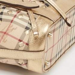 Pre Owned Burberry Gold/Beige Haymarket Check Laser Cut Coated Canvas and Leather Drawstring Tote