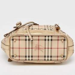 Pre Owned Burberry Gold/Beige Haymarket Check Laser Cut Coated Canvas and Leather Drawstring Tote