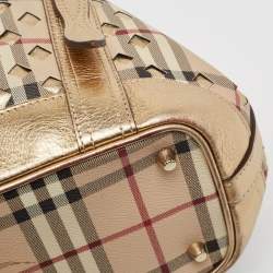Pre Owned Burberry Gold/Beige Haymarket Check Laser Cut Coated Canvas and Leather Drawstring Tote