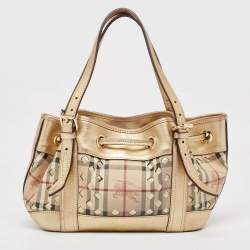 Pre Owned Burberry Gold/Beige Haymarket Check Laser Cut Coated Canvas and Leather Drawstring Tote