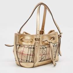 Pre Owned Burberry Gold/Beige Haymarket Check Laser Cut Coated Canvas and Leather Drawstring Tote