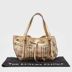 Pre Owned Burberry Gold/Beige Haymarket Check Laser Cut Coated Canvas and Leather Drawstring Tote