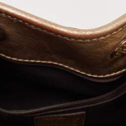 Pre Owned Burberry Gold/Beige Haymarket Check Laser Cut Coated Canvas and Leather Drawstring Tote