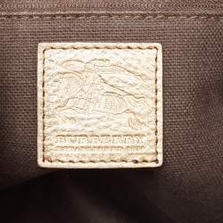 Pre Owned Burberry Gold/Beige Haymarket Check Laser Cut Coated Canvas and Leather Drawstring Tote