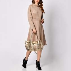 Pre Owned Burberry Gold/Beige Haymarket Check Laser Cut Coated Canvas and Leather Drawstring Tote