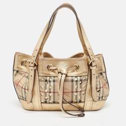 Pre Owned Burberry Gold/Beige Haymarket Check Laser Cut Coated Canvas and Leather Drawstring Tote