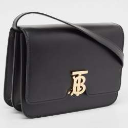 Pre Owned Burberry Black Leather Medium TB Shoulder Bag