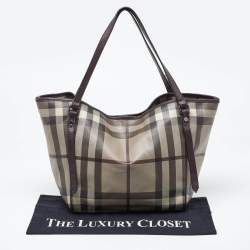 Pre Owned Burberry Smoked Check Coated Canvas and Leather Small Canterbury Tote