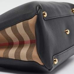 Pre Owned Burberry Black/Beige Leather and House Check Fabric Medium Banner Tote