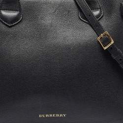 Pre Owned Burberry Black/Beige Leather and House Check Fabric Medium Banner Tote