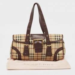 Burberry Brown/Beige House Check PVC and Leather Buckle Flap Bag