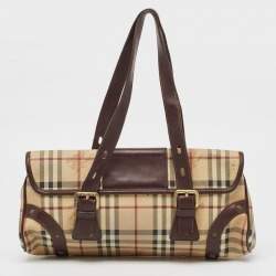 Burberry Brown/Beige House Check PVC and Leather Buckle Flap Bag