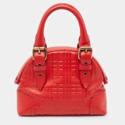 Pre Owned Burberry Red Check Embossed Leather Frame Satchel