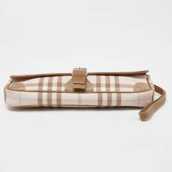 Pre Owned Burberry Pink/Beige House Check PVC and Leather Buckle Flap Wristlet Clutch