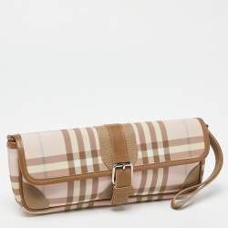 Pre Owned Burberry Pink/Beige House Check PVC and Leather Buckle Flap Wristlet Clutch