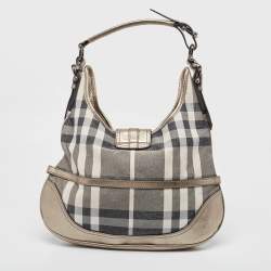 Pre Owned Burberry Grey Smoke Check Shimmer Fabric and Leather Brooke Hobo