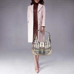 Pre Owned Burberry Grey Smoke Check Shimmer Fabric and Leather Brooke Hobo