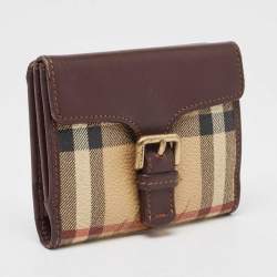 Burberry Brown/Beige Haymarket Check Coated Canvas and Leather Buckle Flap Compact Wallet