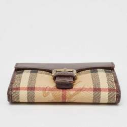 Burberry Brown/Beige Haymarket Check Coated Canvas and Leather Buckle Flap Compact Wallet