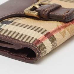 Burberry Brown/Beige Haymarket Check Coated Canvas and Leather Buckle Flap Compact Wallet