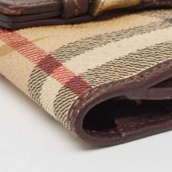 Burberry Brown/Beige Haymarket Check Coated Canvas and Leather Buckle Flap Compact Wallet