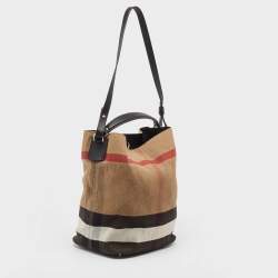 Pre Owned Burberry Black/Beige House Check Canvas and Leather Ashby Hobo