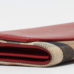 Pre Owned Burberry Red/Beige House Check Fabric and Leather Flap Continental Wallet
