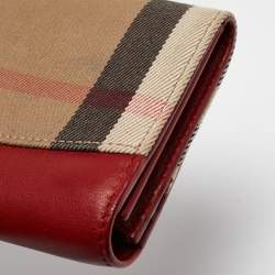 Pre Owned Burberry Red/Beige House Check Fabric and Leather Flap Continental Wallet