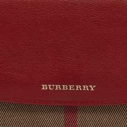 Pre Owned Burberry Red/Beige House Check Fabric and Leather Flap Continental Wallet
