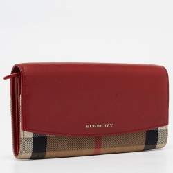 Pre Owned Burberry Red/Beige House Check Fabric and Leather Flap Continental Wallet