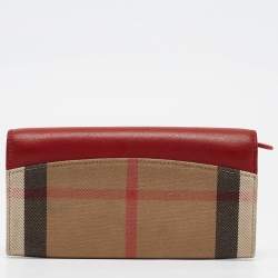 Pre Owned Burberry Red/Beige House Check Fabric and Leather Flap Continental Wallet